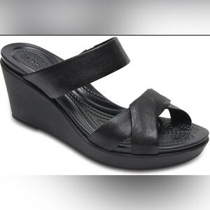 Crocs Womens Leigh Ann Leather Wedge Sandals Size 8 Slip On Comfort Strappy